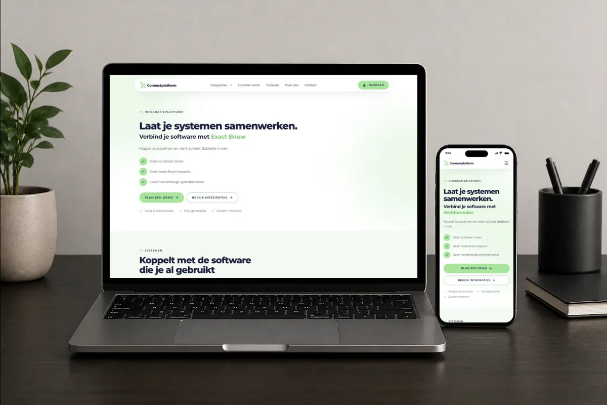 Nieuwe website van Connectplatform voor softwarekoppelingen op een laptop en smartphone