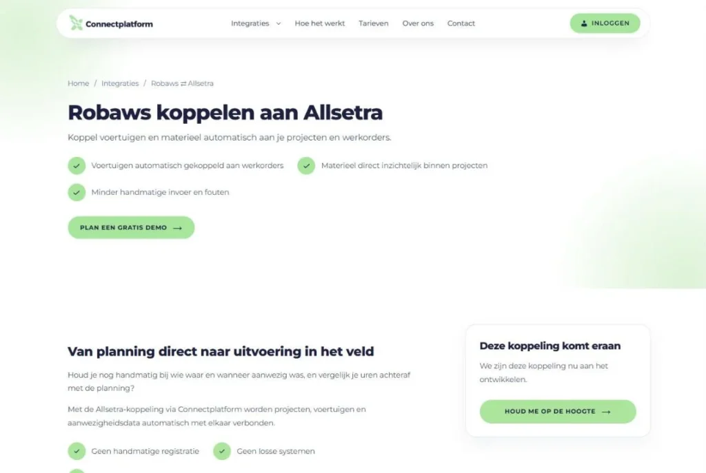 Pagina van Connectplatform over de koppeling tussen Robaws en Allsetra