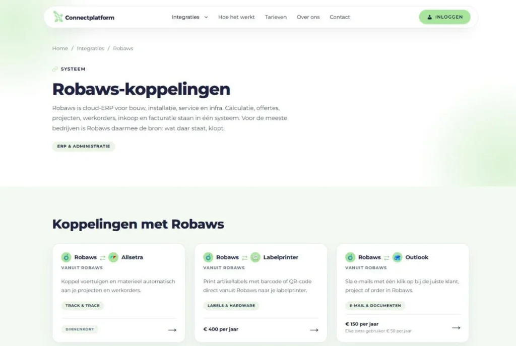 Pagina van Connectplatform over Robaws met de beschikbare software-integraties
