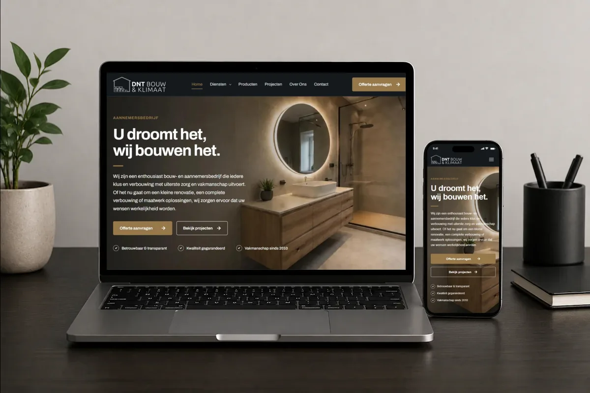 Nieuwe website van DNT Bouw & Klimaat weergegeven op een laptop en smartphone