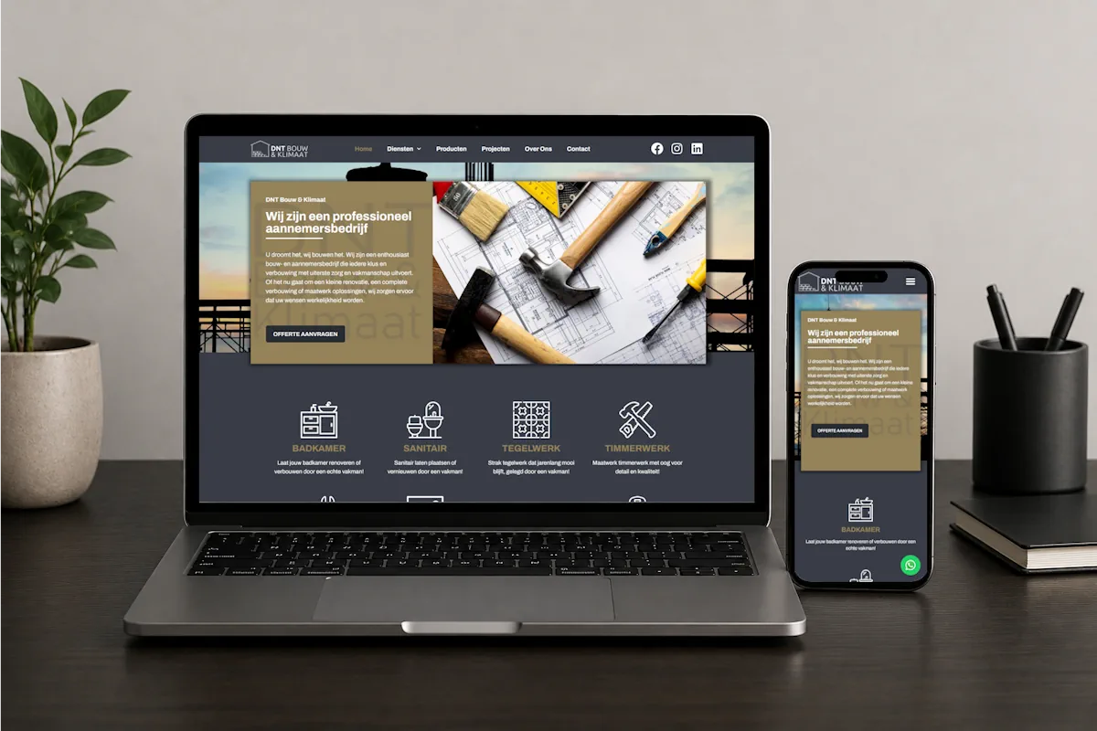 Website van DNT Bouw & Klimaat weergegeven op een laptop en smartphone