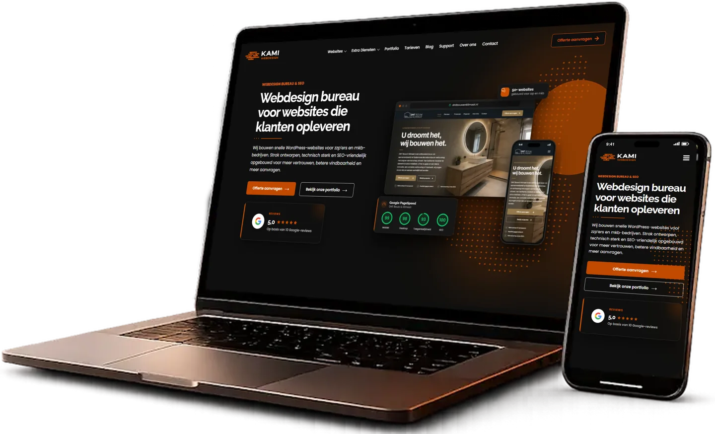 Website laten maken weergegeven op een laptop en smartphone met donker ontwerp en oranje accenten.