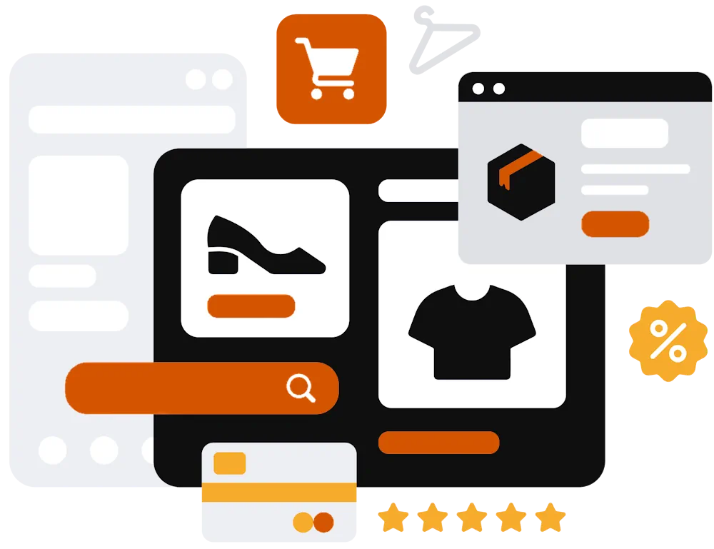 Webshop met producttegels, winkelwagen, zoekbalk, betaalkaart, kortingsbadge en vijf sterren