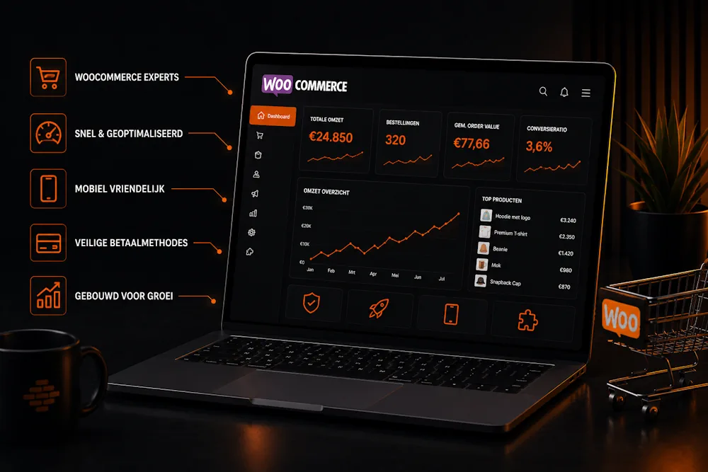 Laptop met WooCommerce-dashboard voor een webshop laten maken, met omzet, bestellingen en conversieratio