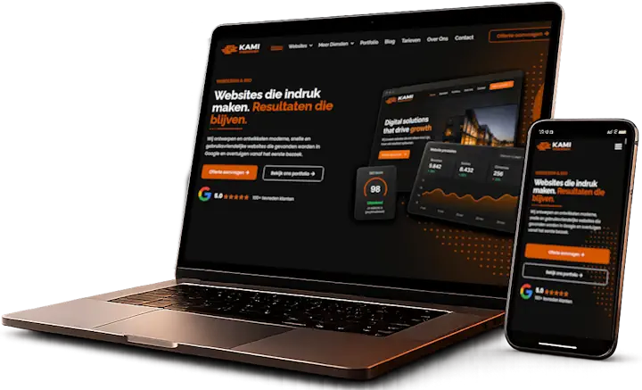 Website laten maken weergegeven op een laptop en smartphone met donker ontwerp en oranje accenten.