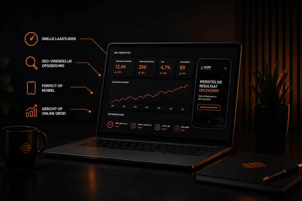 Laptop met SEO-dashboard en mobiel ontwerp, met teksten over snelle laadtijden en online groei