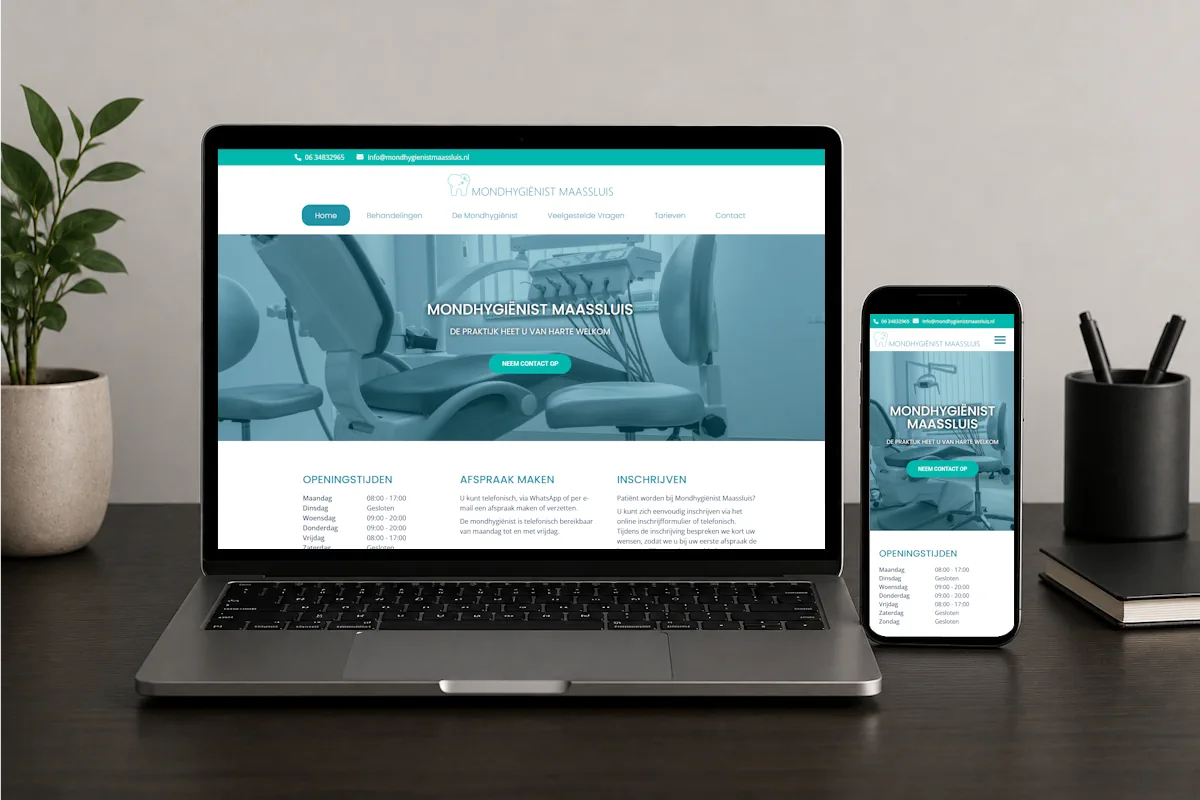 Website van Mondhygiënist Maassluis zichtbaar op een laptop en smartphone