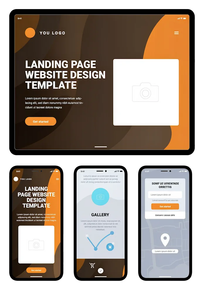 Websiteontwerp zichtbaar op een tablet en drie smartphones