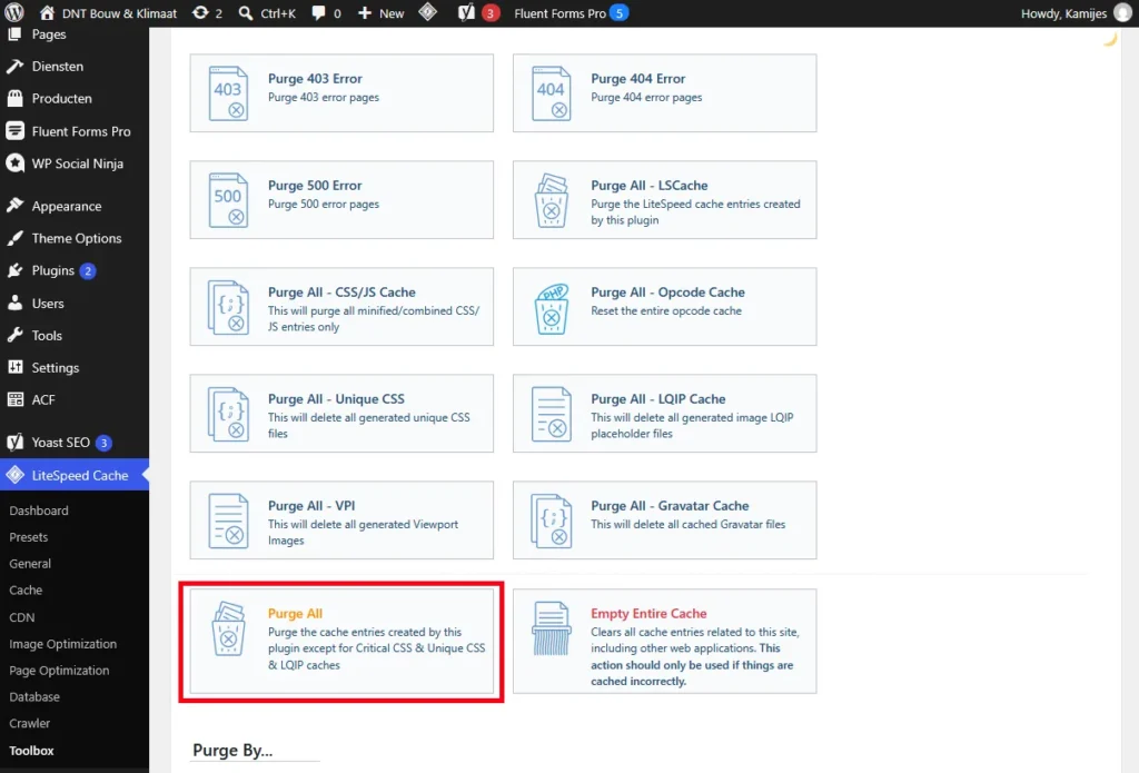 LiteSpeed Cache: cache legen via het tabblad Purge
