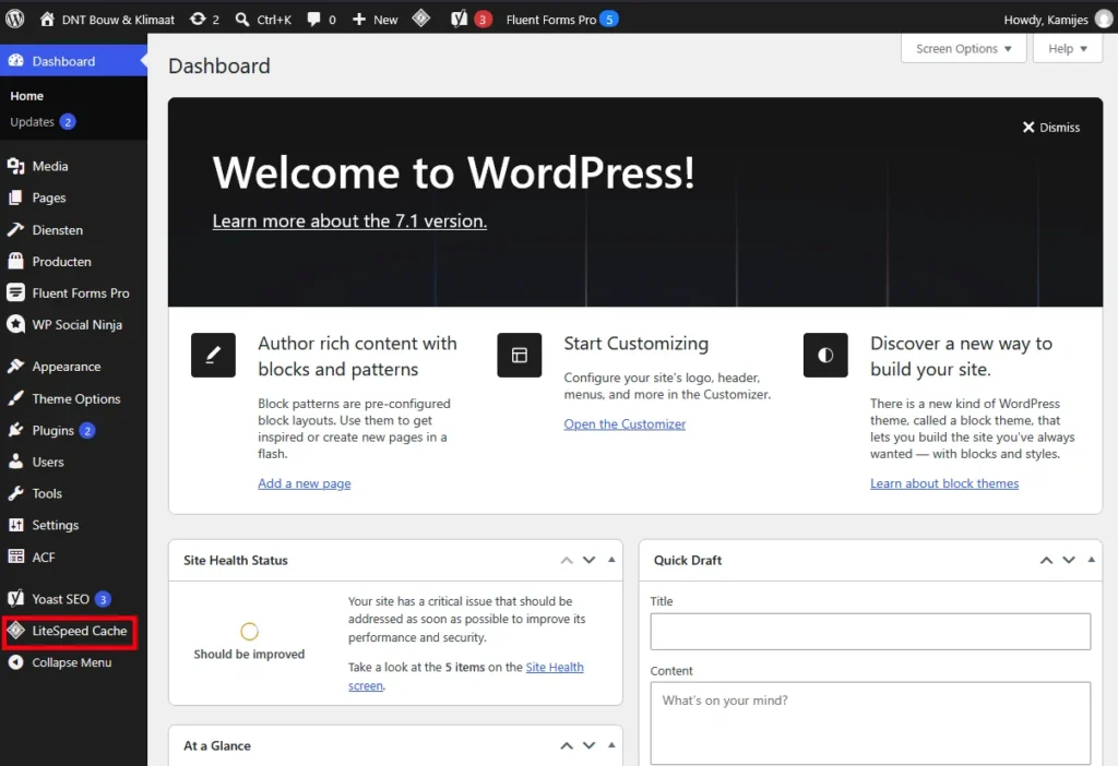 LiteSpeed Cache: Toolbox openen in het WordPress-dashboard