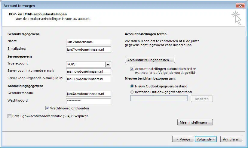 IMAP- en SMTP-gegevens instellen in Outlook