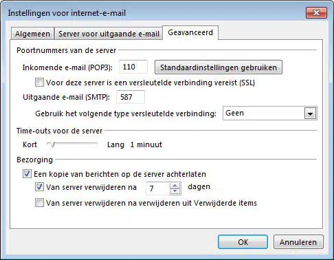 Geavanceerde IMAP- en SMTP-instellingen Outlook