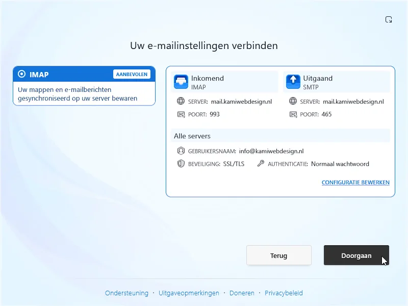 Thunderbird: gevonden serverinstellingen controleren