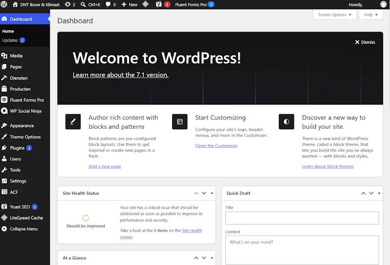 WordPress-dashboard na het inloggen