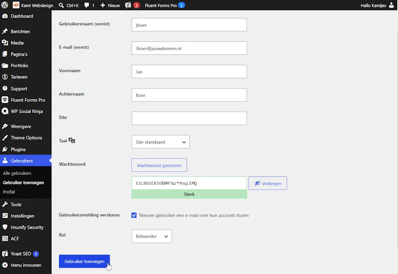 WordPress: gegevens van de nieuwe gebruiker invullen