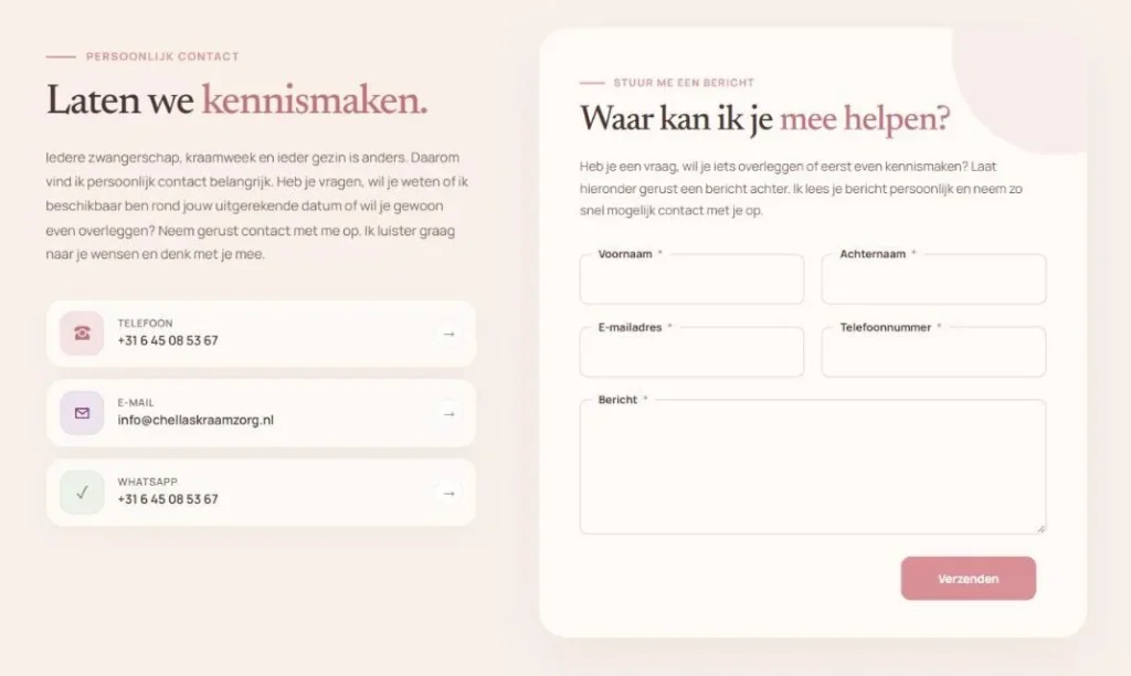 Contactpagina van Chella’s Kraamzorg met telefoon, e-mail, WhatsApp en contactformulier