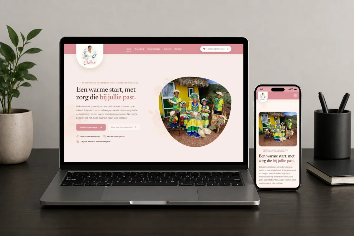 Website van Chella’s Kraamzorg weergegeven op een laptop en smartphone