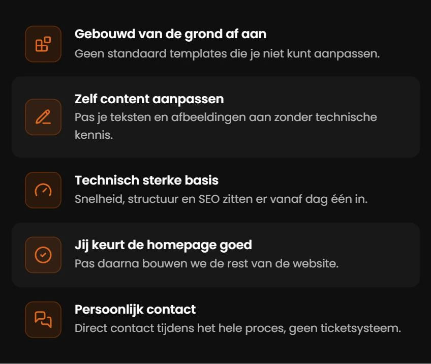 Vijf voordelen van een website laten maken bij Kami Webdesign: gebouwd van de grond af aan, zelf content aanpassen, een technisch sterke basis, jij keurt de homepage goed en persoonlijk contact.