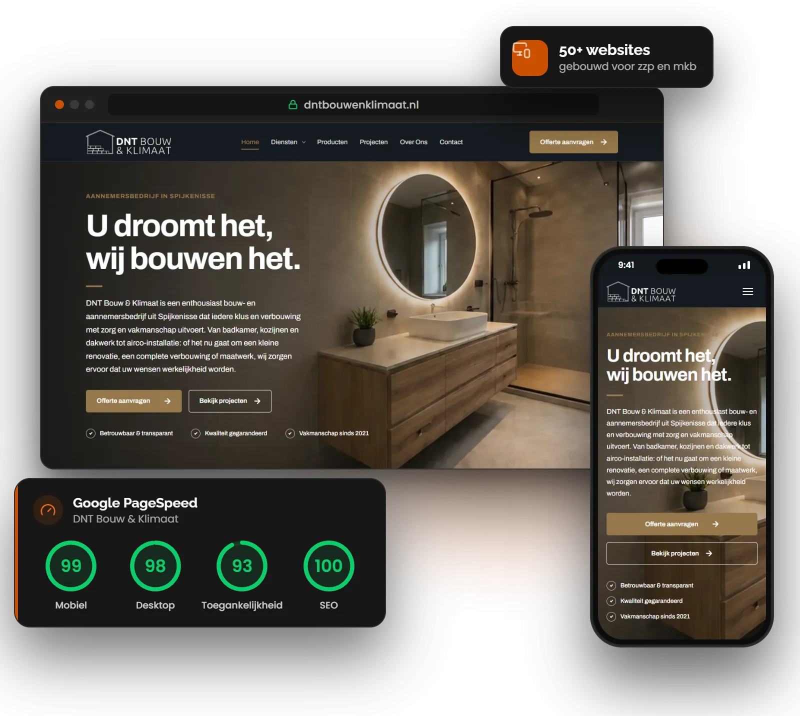 Website van DNT Bouw & Klimaat door Kami Webdesign in een browser en op een telefoon, met PageSpeed-scores 99 mobiel, 98 desktop, 93 toegankelijkheid en 100 SEO